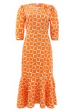 Black Casual Print Hollow Out Belted O Neck Long Dresses