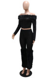 Black Sexy Solid Color Patchwork Off Shoulder Long Sleeve Two Pieces