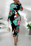 Pink Elegant Graffiti Print Butterfly Contrast O Neck Printed Dresses
