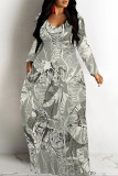Black Gray Casual Geometric Print Pocket Contrast O Neck Printed Dresses