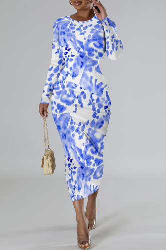 White Blue Elegant Floral Print Contrast O Neck Printed Dresses
