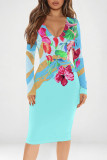 Multicolor Elegant Graffiti Print Contrast V Neck Printed Dresses