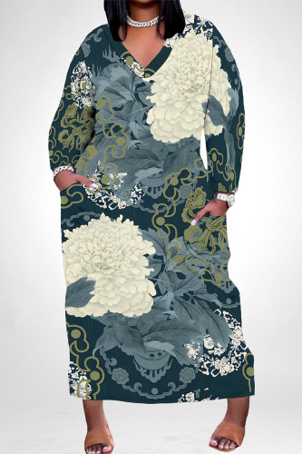 Navy Blue Casual Floral Print Pocket Contrast V Neck Printed Plus Size Dresses