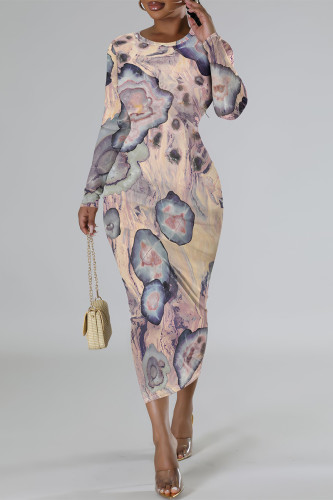 Skin Color Elegant Floral Print Contrast O Neck Printed Dresses