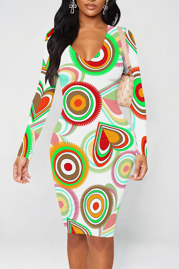 White Elegant Graffiti Print Contrast V Neck Printed Dresses