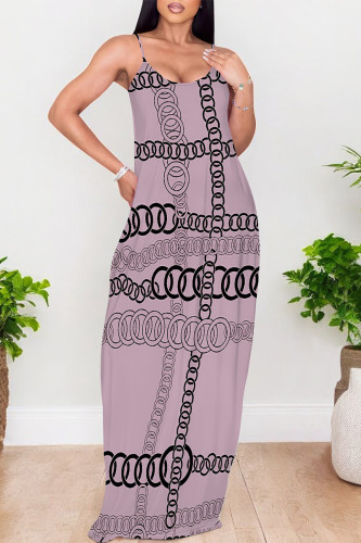 Light Purple Sexy Geometric Print Pocket Contrast V Neck Printed Dresses