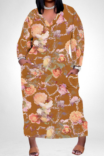 Black Orange Elegant Floral Print Pocket Contrast V Neck Printed Plus Size Dresses