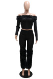 Black Sexy Solid Color Patchwork Off Shoulder Long Sleeve Two Pieces