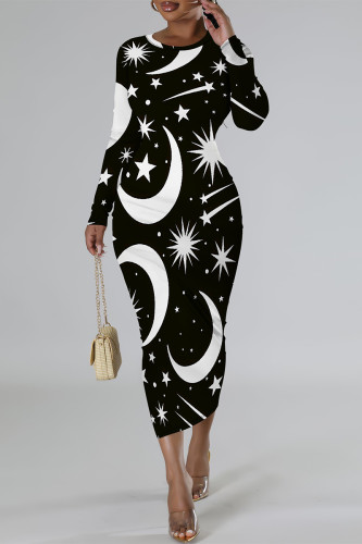 Black And White Elegant Graffiti Print Butterfly Contrast O Neck Printed Dresses