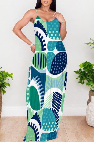 Green Blue Sexy Graffiti Print Pocket Contrast V Neck Printed Dresses