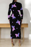 Pink Elegant Graffiti Print Butterfly Contrast O Neck Printed Dresses