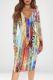 Multicolor Elegant Graffiti Print Contrast V Neck Printed Dresses