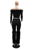 Black Sexy Solid Color Patchwork Off Shoulder Long Sleeve Two Pieces