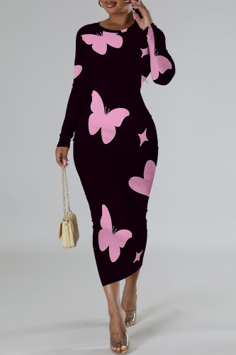 Pink Elegant Graffiti Print Butterfly Contrast O Neck Printed Dresses