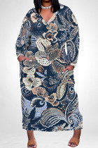 Tibetan Blue Elegant Floral Print Pocket Contrast V Neck Printed Plus Size Dresses