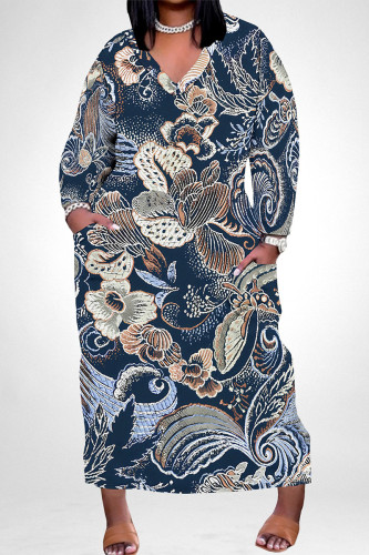 Tibetan Blue Elegant Floral Print Pocket Contrast V Neck Printed Plus Size Dresses