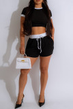 Black Casual Sportswear Daily Patchwork Contrast O Neck Short Sleeve Two Pieces