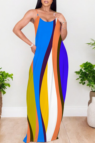 Blue Sexy Geometric Print Pocket Contrast V Neck Printed Dresses