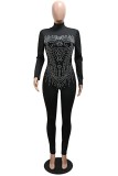 Black Sexy Nightclub Solid Color Hot Drill Turtleneck Skinny Jumpsuits