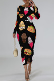 Pink Elegant Graffiti Print Butterfly Contrast O Neck Printed Dresses