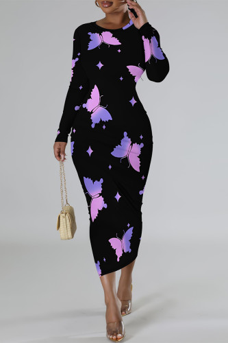 Purple Elegant Graffiti Print Butterfly Contrast O Neck Printed Dresses