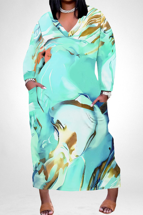 Lake Green Elegant Floral Print Pocket Contrast V Neck Printed Plus Size Dresses