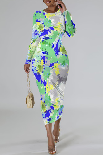 Green Elegant Floral Print Contrast O Neck Printed Dresses