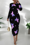 Pink Elegant Graffiti Print Butterfly Contrast O Neck Printed Dresses