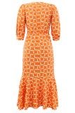 Black Casual Print Hollow Out Belted O Neck Long Dresses