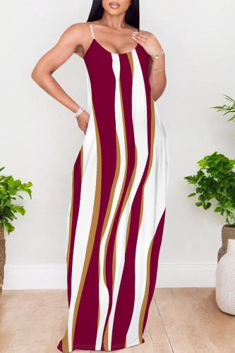 White Red Sexy Geometric Print Pocket Contrast V Neck Printed Dresses
