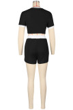 Black Casual Sportswear Daily Patchwork Contrast O Neck Short Sleeve Two Pieces