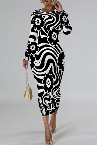 Black Elegant Floral Print Contrast O Neck Printed Dresses