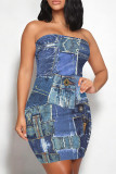 Khaki Sexy Faux Denim Print Leopard Contrast Strapless Printed Dresses