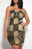 Khaki Sexy Faux Denim Print Leopard Contrast Strapless Printed Dresses