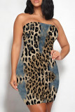 Khaki Sexy Faux Denim Print Leopard Contrast Strapless Printed Dresses