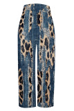 Dark Blue Casual Faux Denim Print Leopard Pocket Contrast Loose High Waist Wide Leg Full Print Bottoms