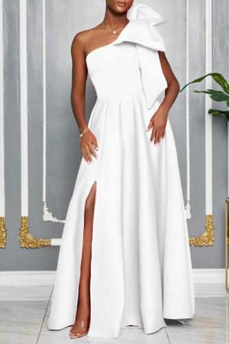White Sexy Party Formal Solid Color Slit Oblique Collar Long Dresses