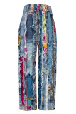 Dark Blue Casual Faux Denim Print Leopard Pocket Contrast Loose High Waist Wide Leg Full Print Bottoms