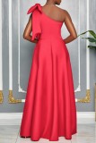Watermelon Red Sexy Party Formal Solid Color Slit Oblique Collar Long Dresses