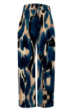 Dark Blue Casual Faux Denim Print Leopard Pocket Contrast Loose High Waist Wide Leg Full Print Bottoms