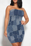 Khaki Sexy Faux Denim Print Leopard Contrast Strapless Printed Dresses