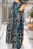Dark Blue Casual Faux Denim Print Leopard Pocket Contrast Loose High Waist Wide Leg Full Print Bottoms