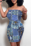 Khaki Sexy Faux Denim Print Leopard Contrast Strapless Printed Dresses