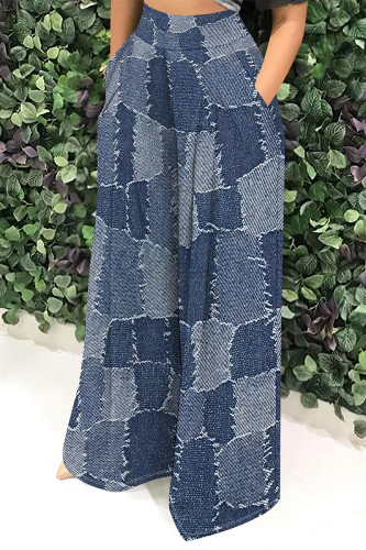 Blue Casual Faux Denim Print Leopard Pocket Contrast Loose High Waist Wide Leg Full Print Bottoms