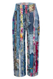 Dark Blue Casual Faux Denim Print Leopard Pocket Contrast Loose High Waist Wide Leg Full Print Bottoms