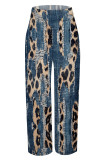 Dark Blue Casual Faux Denim Print Leopard Pocket Contrast Loose High Waist Wide Leg Full Print Bottoms
