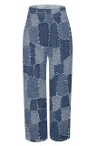 Dark Blue Casual Faux Denim Print Leopard Pocket Contrast Loose High Waist Wide Leg Full Print Bottoms