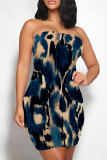 Khaki Sexy Faux Denim Print Leopard Contrast Strapless Printed Dresses