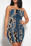 Khaki Sexy Faux Denim Print Leopard Contrast Strapless Printed Dresses