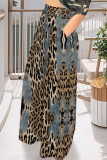 Dark Blue Casual Faux Denim Print Leopard Pocket Contrast Loose High Waist Wide Leg Full Print Bottoms